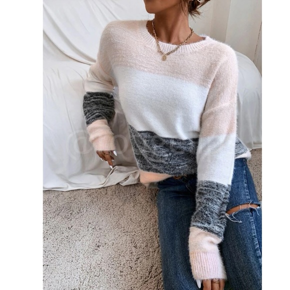 Rouge! Sweaters - Fuzzy Knit Colorblock Pink White Grey Long Sleeve Sweater